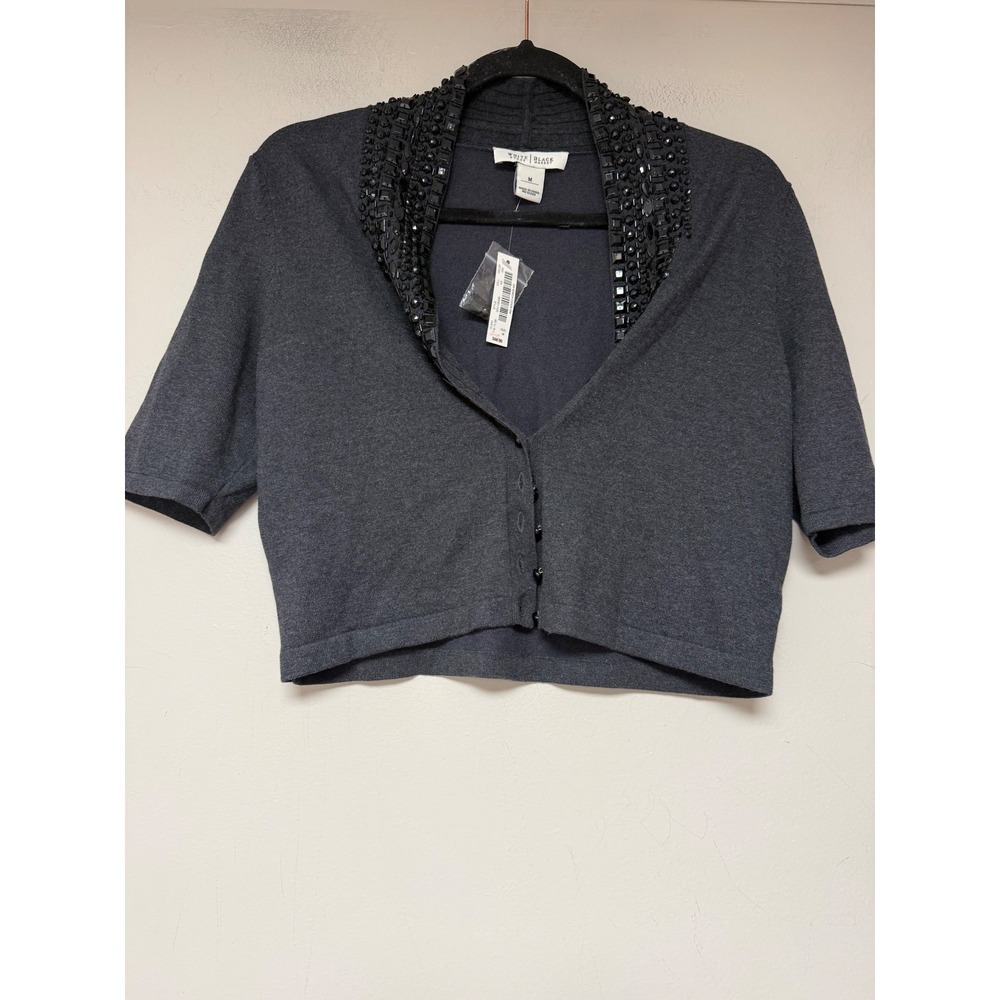 White House Black Market Cardigan Womens M Grey NEW Beaded Cropped Shrug 8741